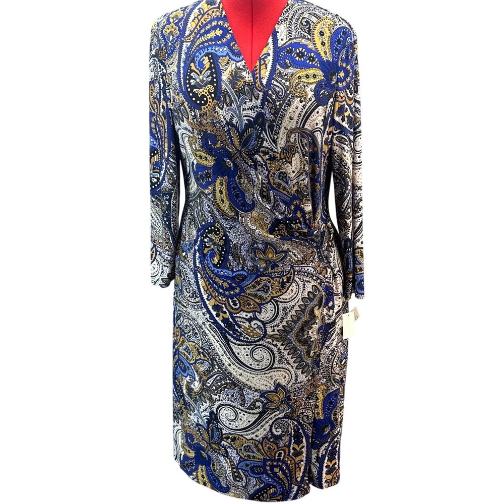 Kasper Blue Gold Paisley Long Sleeve V-Neck Faux Wrap Dress Women XL